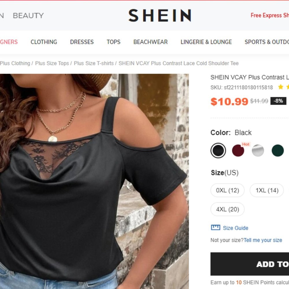Shein VCAY Plus Contrast Lace Cold Shoulder Tee